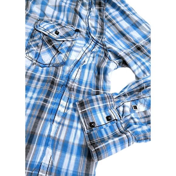 Buckle Black Label Shirt Mens XL Athletic Fit Plaid Raw Hem Studded Snap Button - Picture 4 of 9